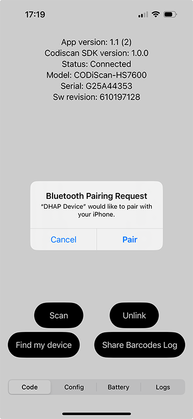Code Tab Pairing Confirmation